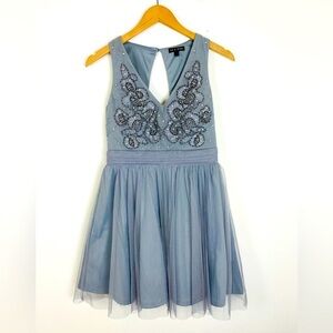 As U Wish Juniors Beaded Fit & Flare Mini Dress, Size 5, Silver Gray Party Dress